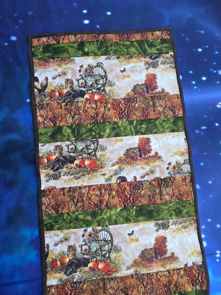 Handmade Quilted Table runner Thanksgiving Fall Autumn kittens chickens trees