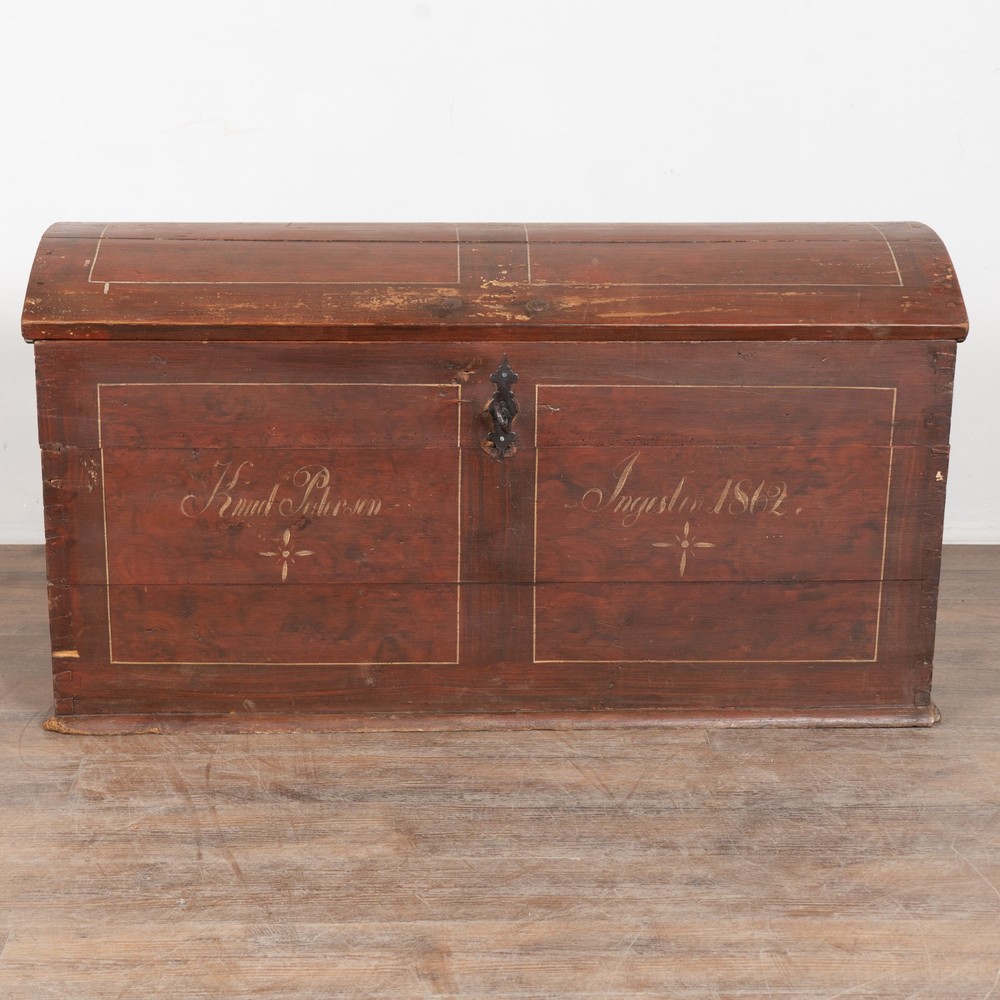 Danish Original Painted Dome Top Pine Trunk dated 1862
