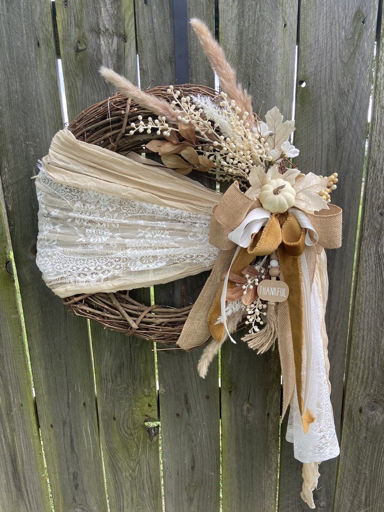 Fall Wreath Front Door - Neutral Thankful - Light Up