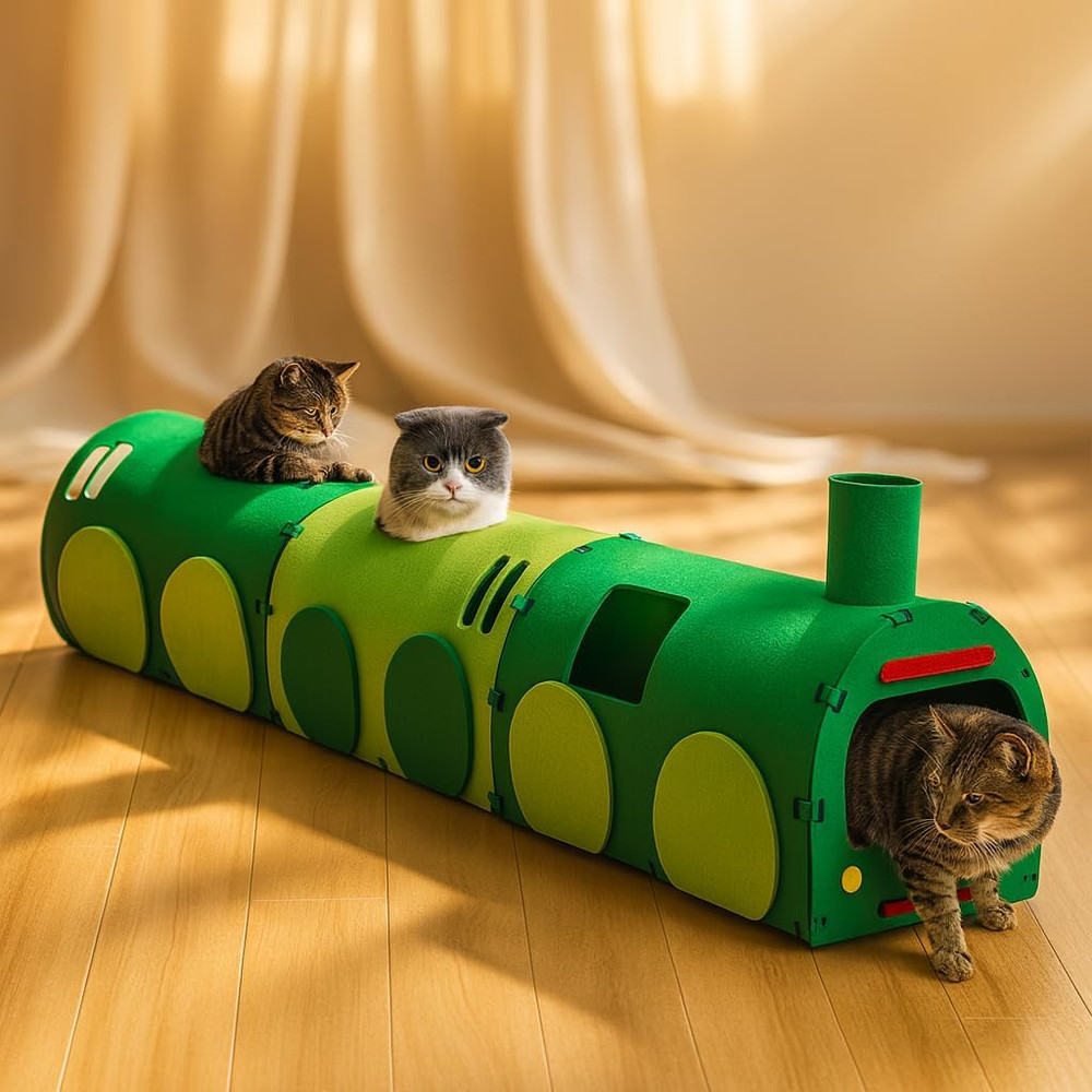 Cat Tunnel Train with Scratching Board, Cat Interactive Long Tunnel 51" Non-Fol