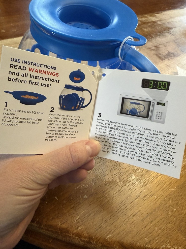 Ecolution Original Microwave Micro-Pop Popcorn Popper Glass Snacks Blue New 3 qt
