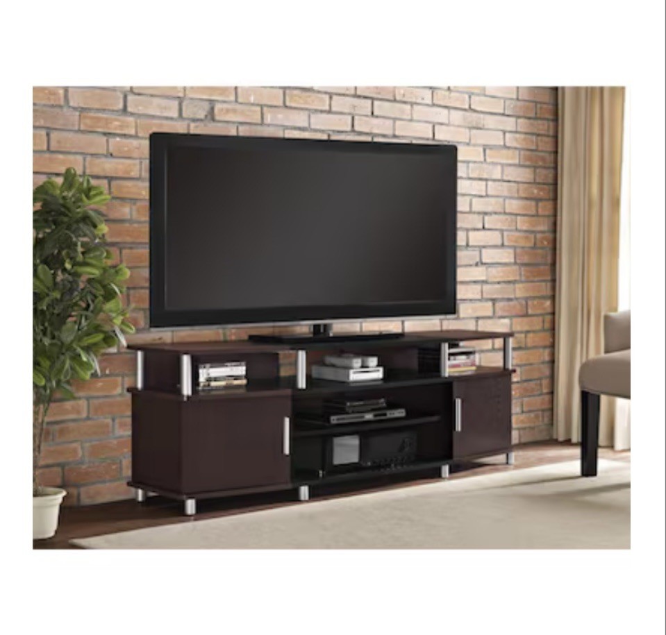 AMERIWOOD HOME CARSON TV STAND FOR TVs UP TO 70", Cherry & Black. NEW IN BOX.