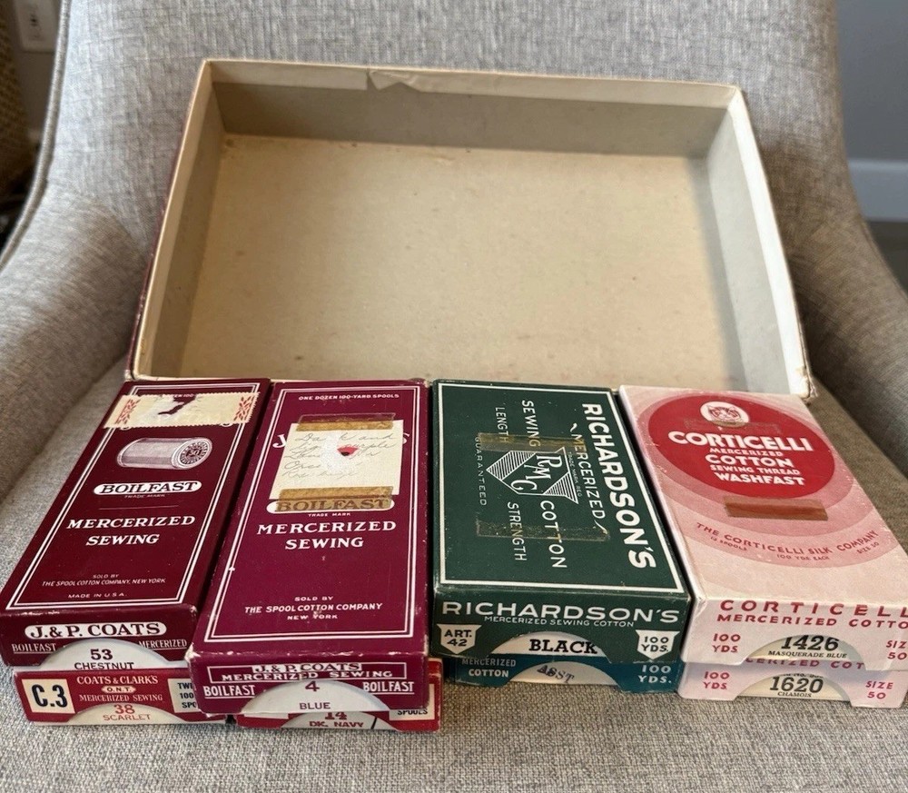 Vintage Sewing Supplies Lot Thread Spools Boxes Artemis Underthings Display Box