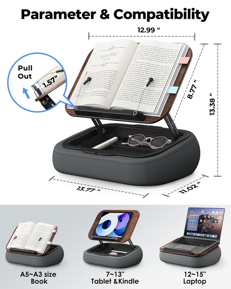 Lap Book Pillow Stand with Storage, Adjustable Beanbag Reading Pillow with Da...