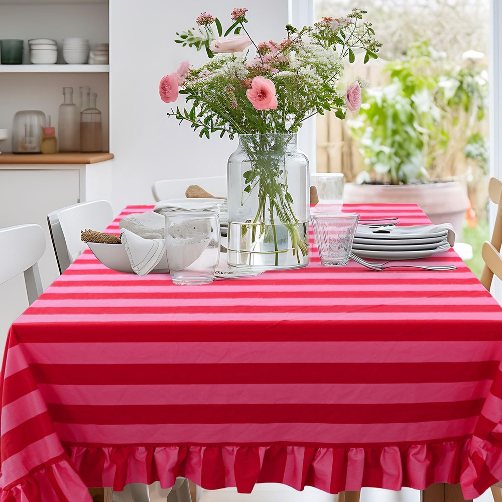 Ruffle Tablecloth Table Cloth Boho Pink Red Striped Rectangle Decorative Tabl...