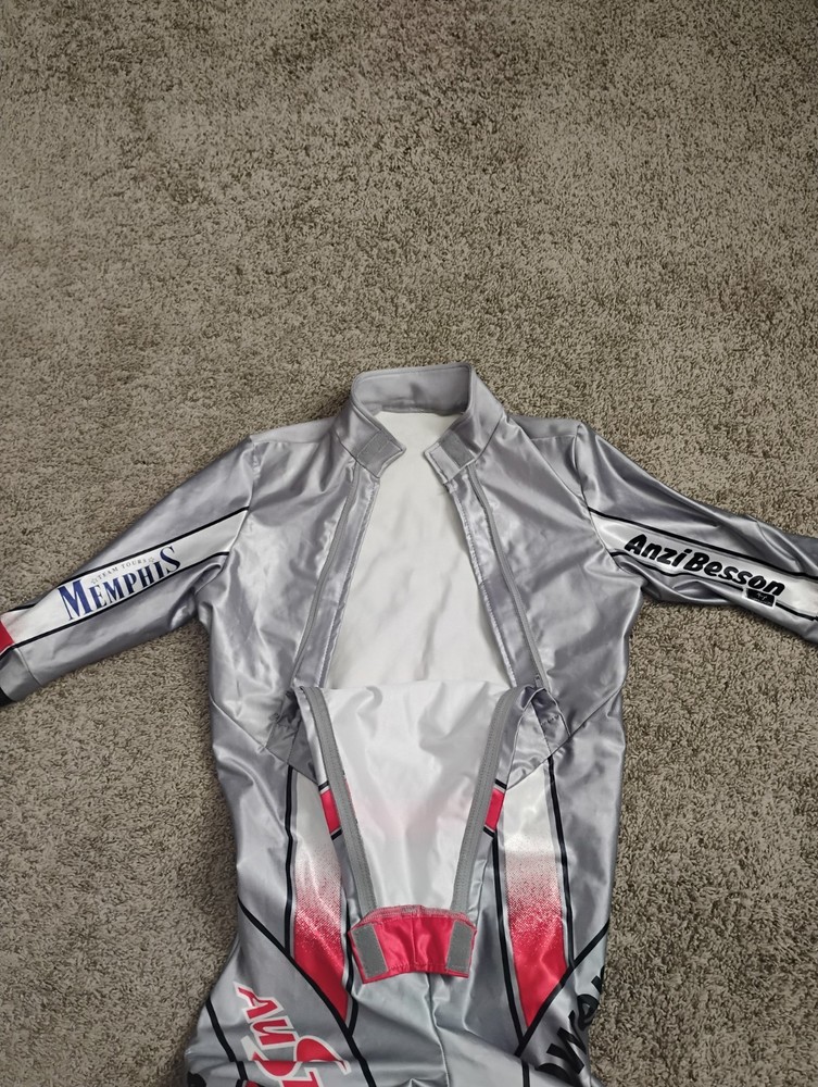 Schneider Anzi Besson Downhill Skiing Race Suit Silver Red Black Size 40 MPN 059