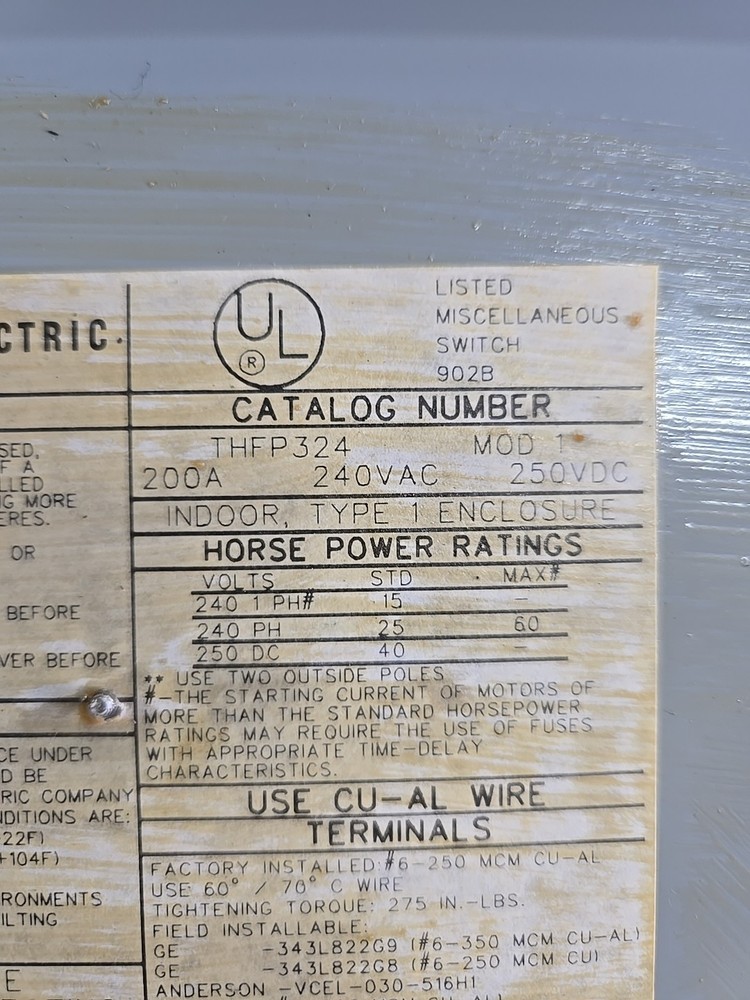 GE THFP324 200 amp 240 volt Fused Panel Mount Switch