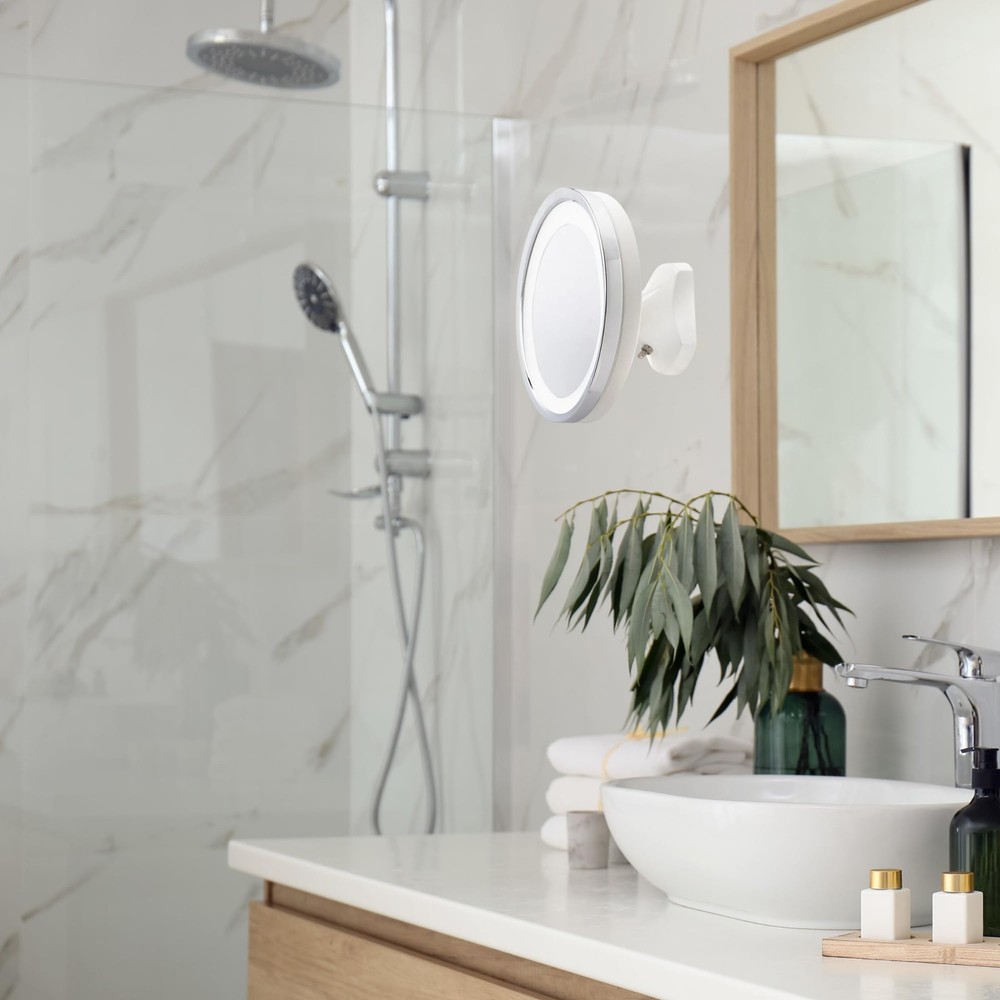 Wall Mounted White/Chrome Finish Makeup Mirror with Light – 5X Magnification ...