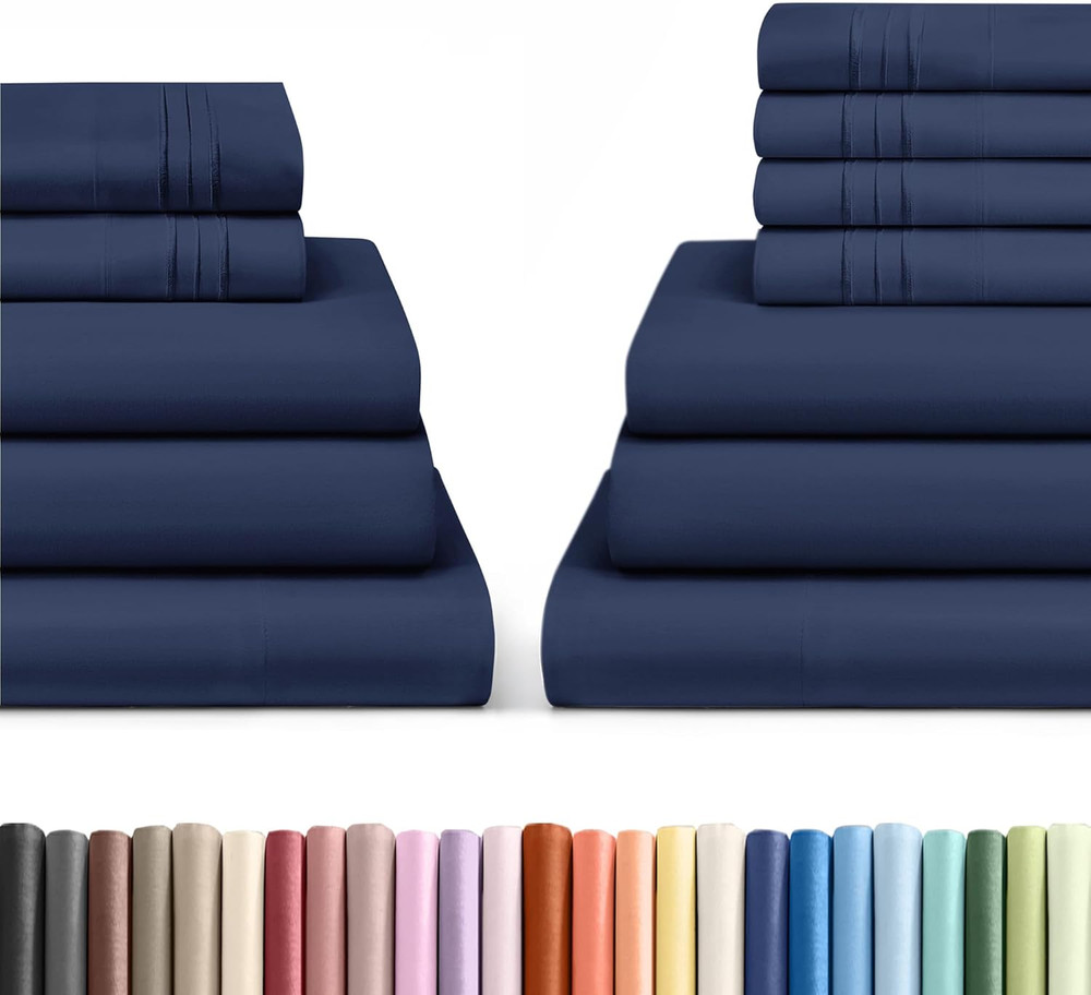 Navy Blue Split King Bed Sheets Set - 4 & 6 Piece Bundle by