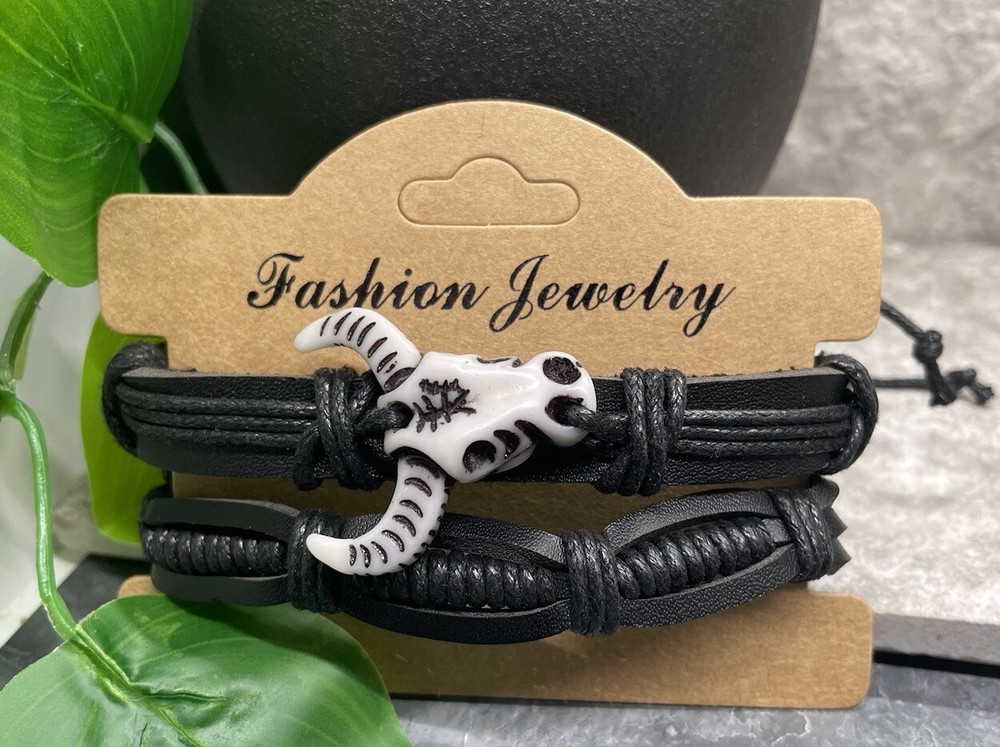 2 PC PU Leather Bracelet Set  Stackable Adjustable Tie Free Ship Bull B3343