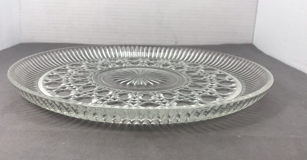 Vintage Pressed Glass Platter Diamond button Pattern 11" Cake Clear Beautiful