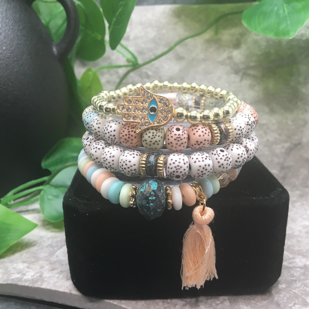 4 PC Handmade Bohemian Beaded Stackable 6.50" Plus Stretch Bracelet Set A785
