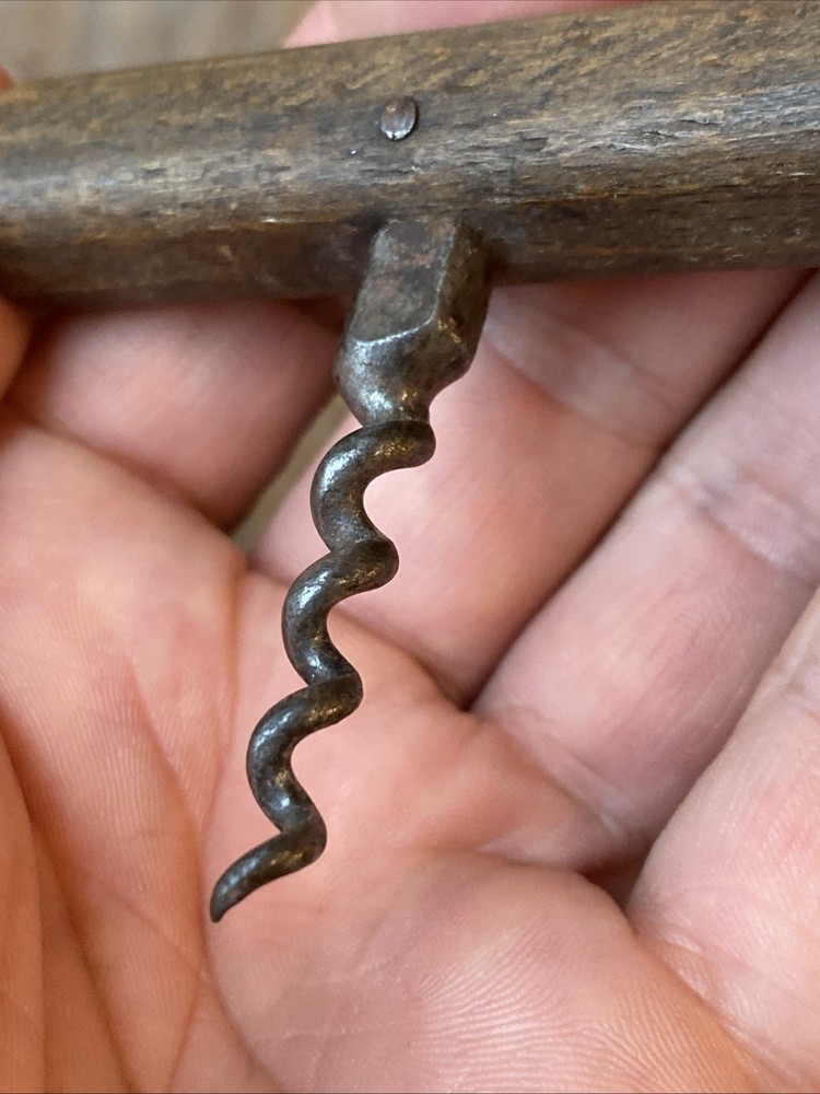 Small 19th Century Primitive Wooden Handle Direct Pull Corkscrew Antique 1800s