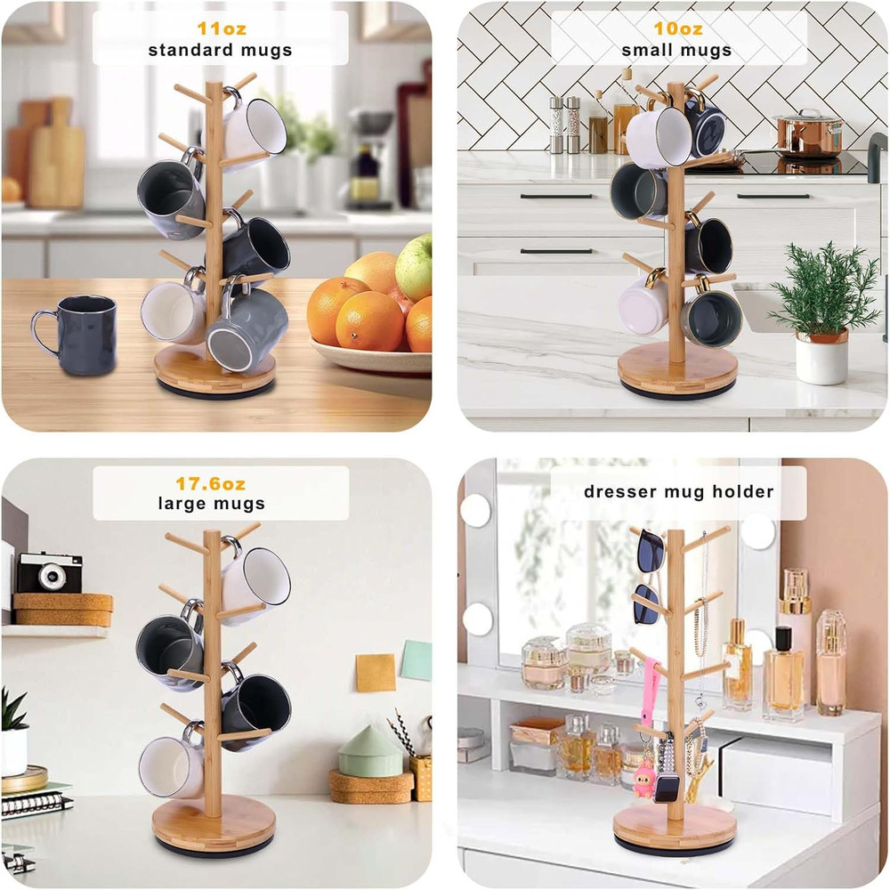Mug Holder Tree Upgraded 360° Rotated 8 Hooks Coffee Holders for Counter Bamboo