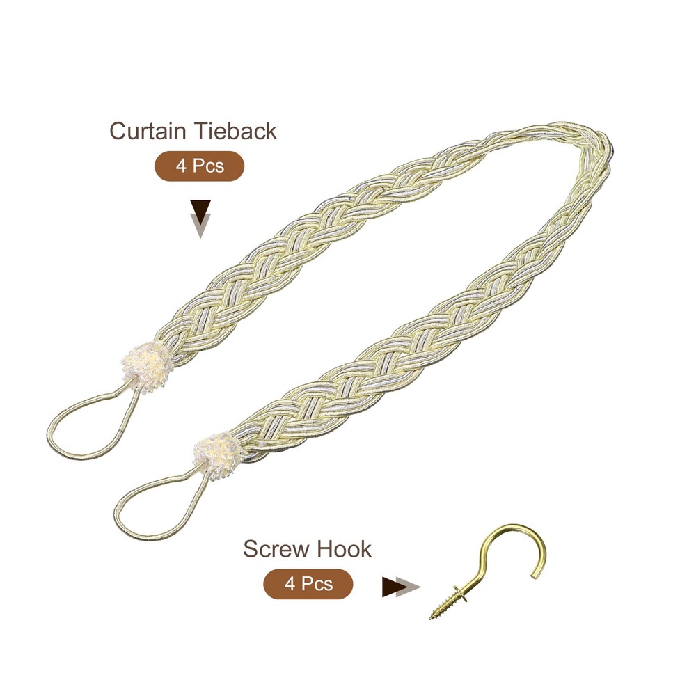 4Pcs 23" Curtain Tiebacks Braid Drapery Holdback Holder with Hooks Beige/Silver