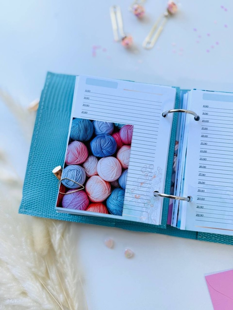Sky-Blue leather notebook cover A7, 2 big rings mini wallet planner.