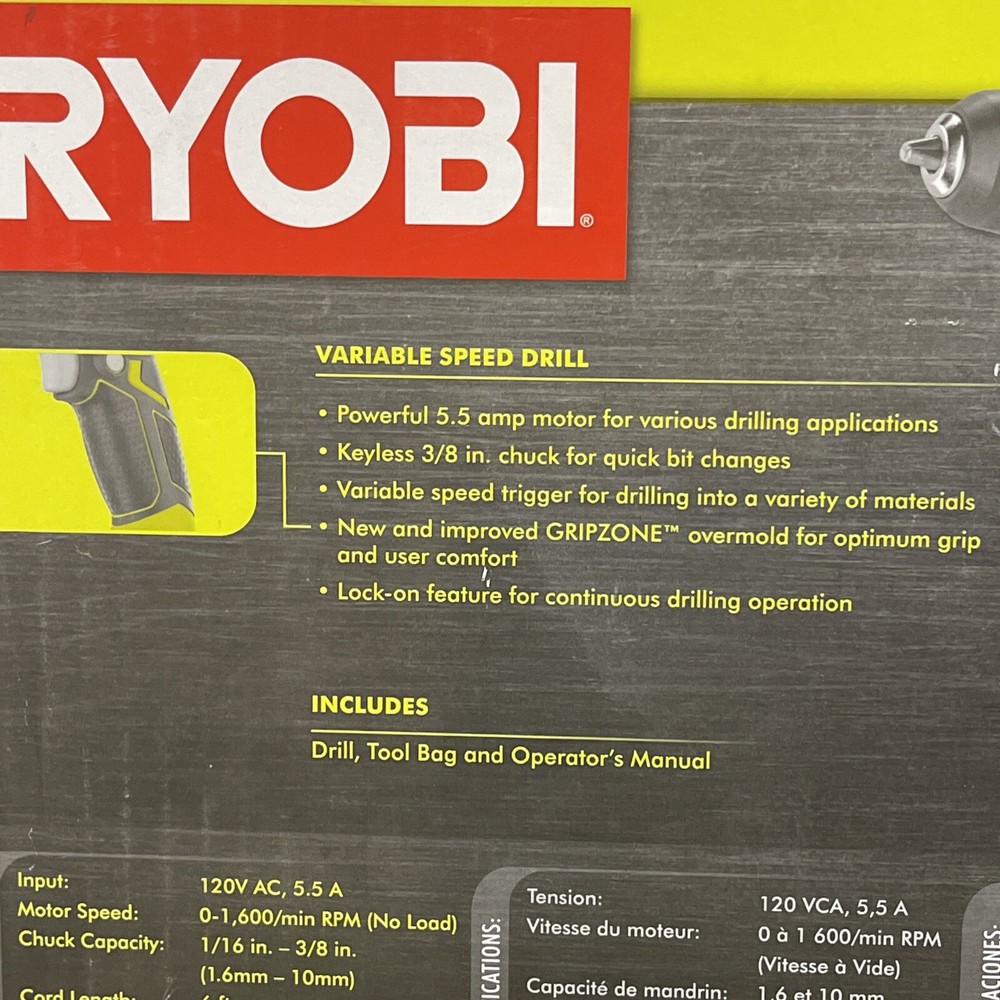 Ryobi D43K Variable Speed 3/8" Compact Drill/Driver Keyless Chuck w/ Tool Bag