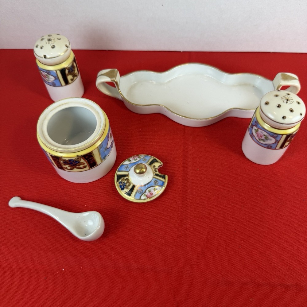 Noritake Lusterware Hand Painted Condiment Set Salt Pepper Jar Spoon Plate 6 Pc