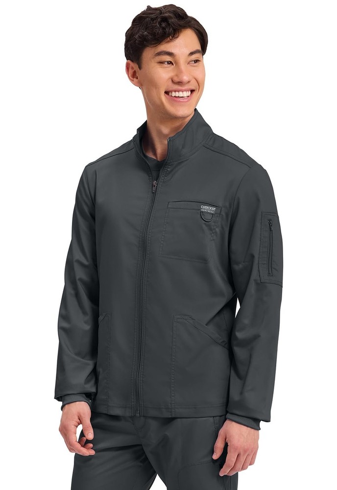 Cherokee Scrub Jacket Men's Zip Front Jacket with 5 Pockets, Bungee Loop, Rib...