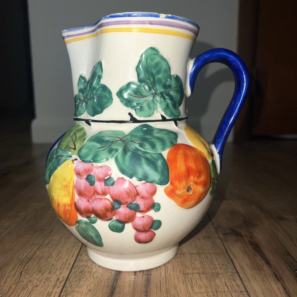 Chechoslovakia Hand Painted Pitcher / Fruit Pattern Design / 8"