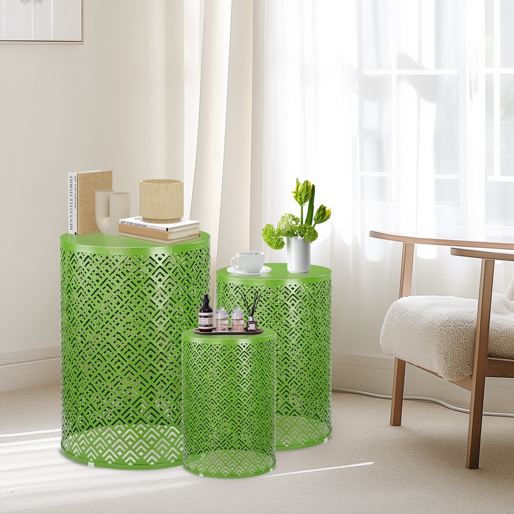 Outdoor Nesting Side Table Set of 3 Round Accent Table Metal Frame End Table
