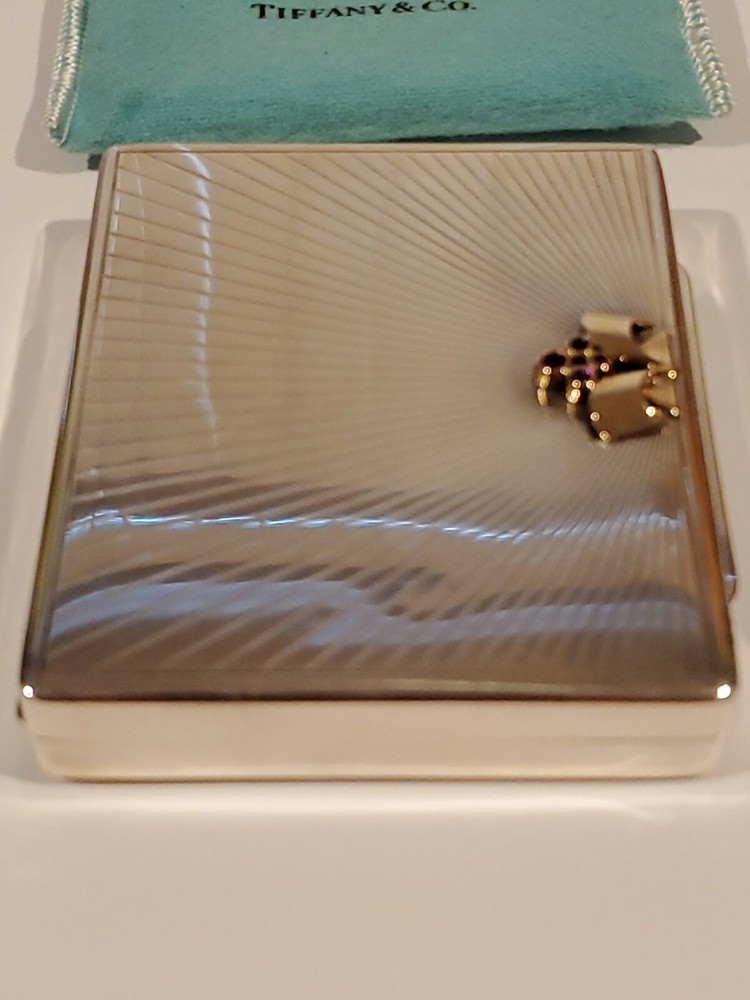 Large Tiffany & Co Sterling Silver/14k and Ruby Compact Or Storage Box + pouch