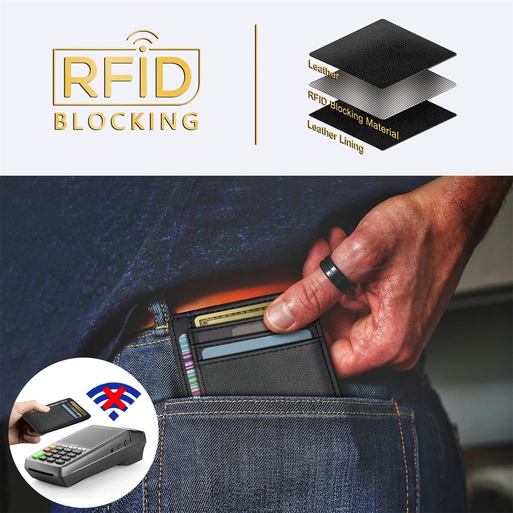 Front Pocket Minimalist Leather Slim Wallet RFID Blocking Medium Size(Black D...