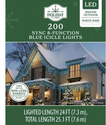 Holiday Time 200-Count LED 8 Function-Sync Icicle Christmas Lights, Blue, 24'