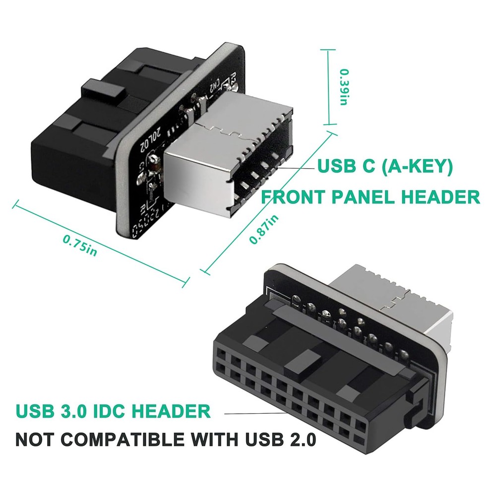 JoyReken USB Front Panel Adapter, Vertical C Header Small, Black