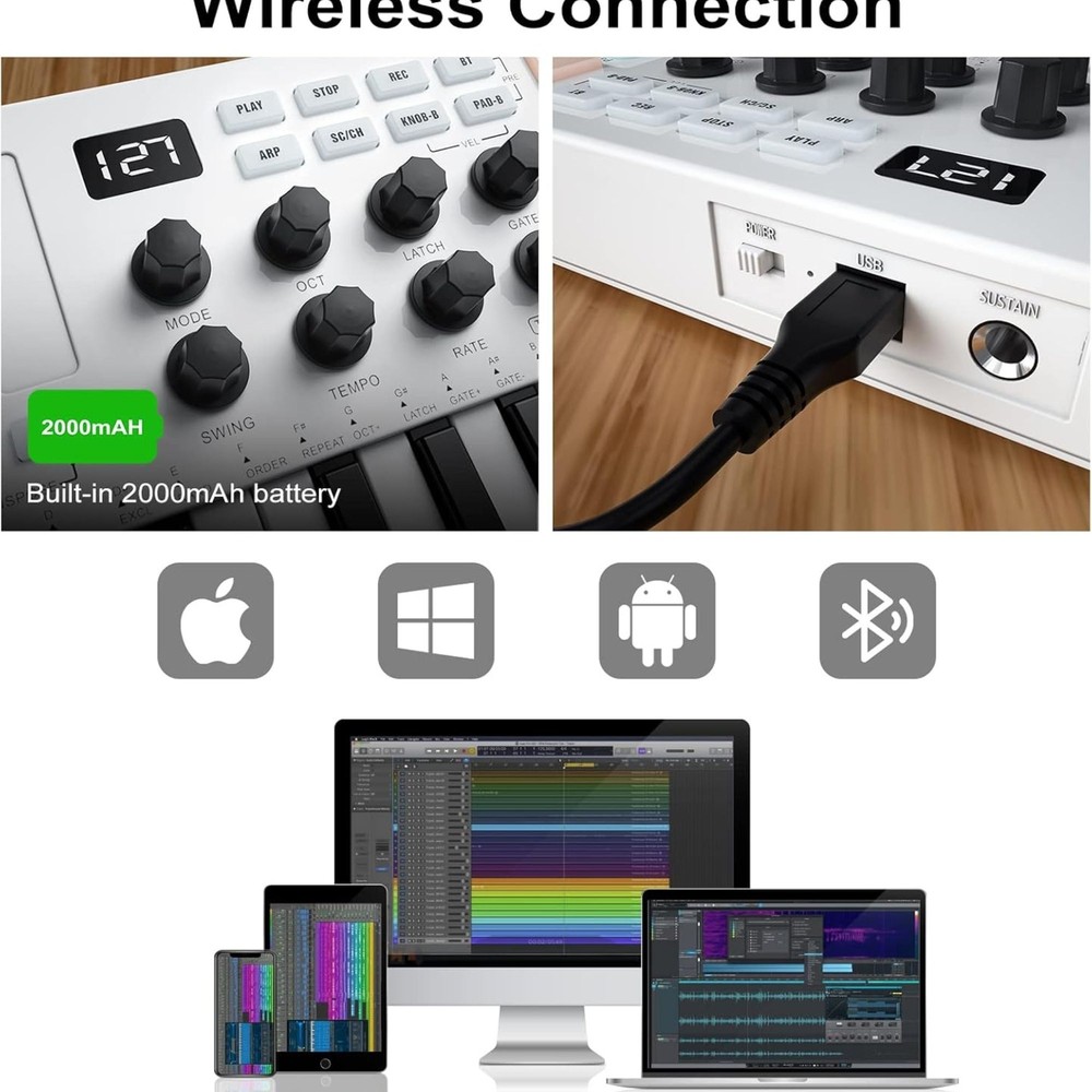 M-WAVE MIDI Keyboard Bluetooth - 25-Key Pad Controller with Drum Pads, Knobs