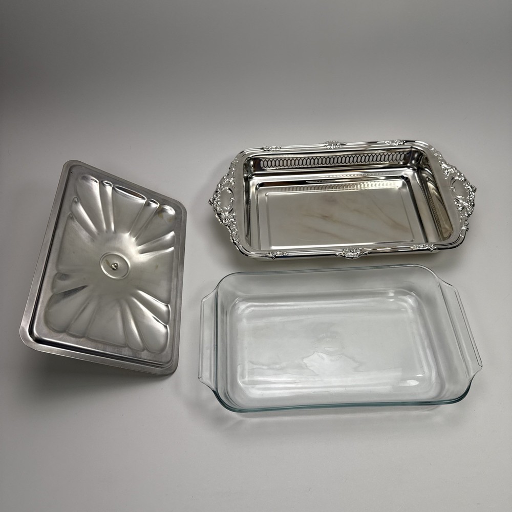Silver Played Rectangular Chafing Serving Dish with Glass Dish & Lid 17" X 10"