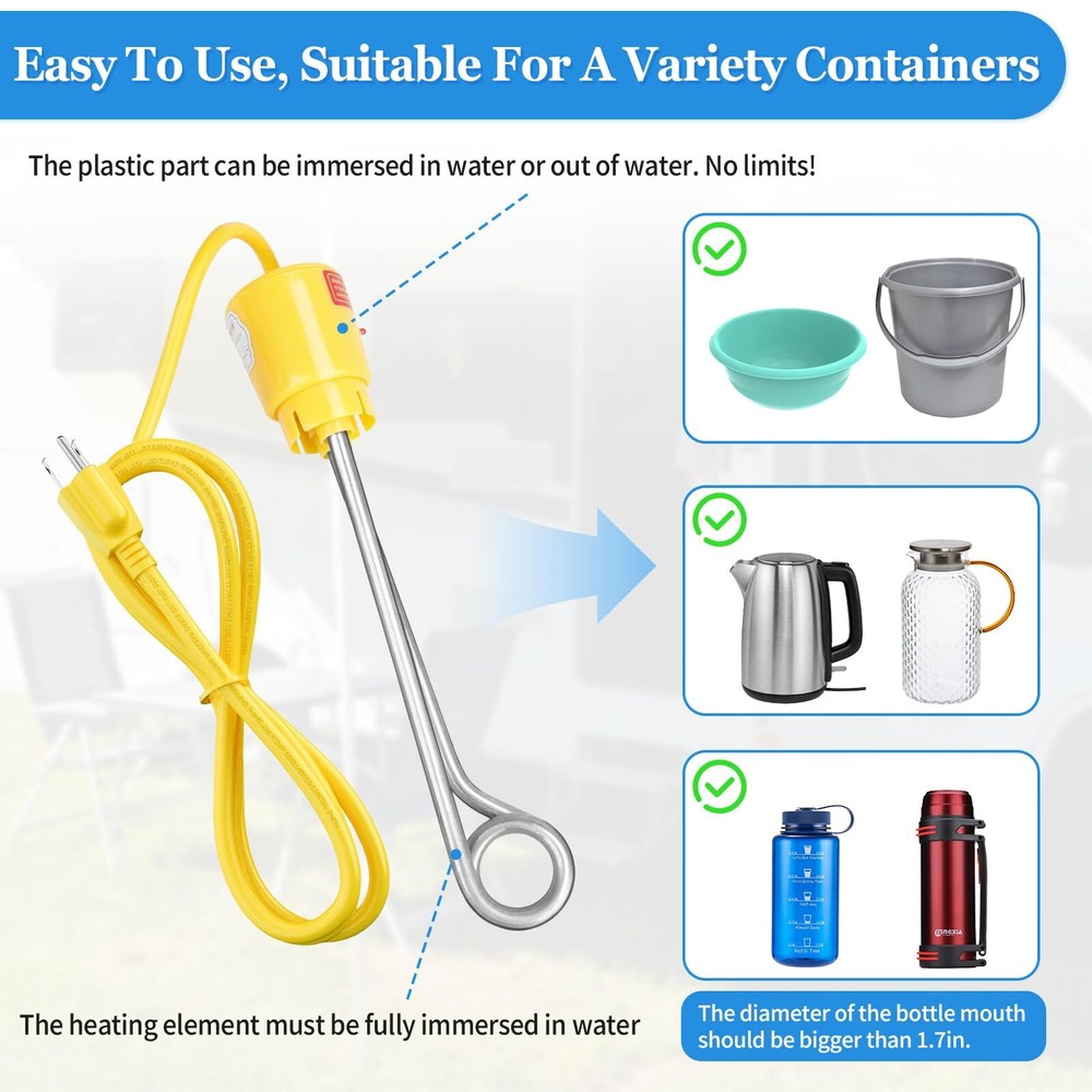 1000W Immersion Water Heater Portable Bucket Heater with 304 Stainless Steel ...