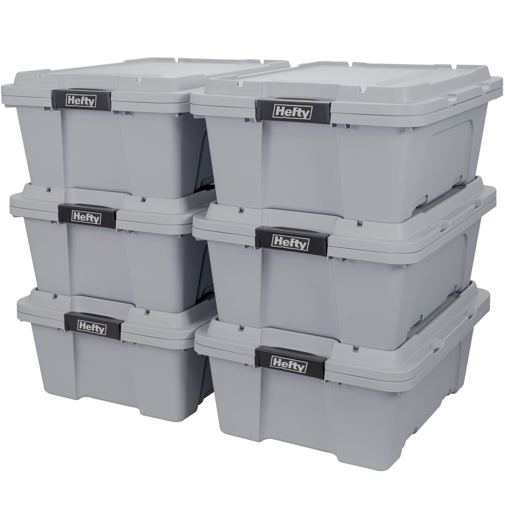 12-Gal Max Pro Plastic Utility Storage Box Tote Gray 6 Pack Stackable Container