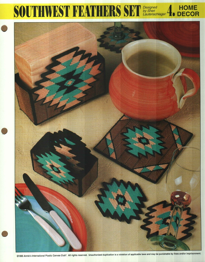 NEW SOUTHWEST FEATHERS SET COASTERS ANNIE'S PLASTIC CANVAS PATTERN INSTRUCTIONS
