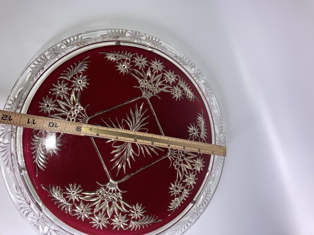 Vintage Mercury Silver Ruby Red Platter Stand Goofus Glass Beautiful