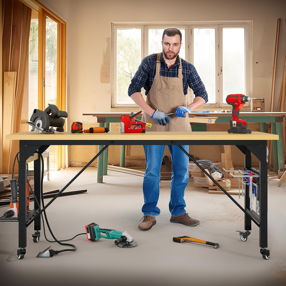 60" Adjustable Workbench on Wheels, Garage Tool Work Bench with Outlets & Wheels