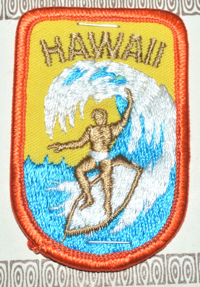 HAWAII SURFER ALOHA FROM HAWAII OLD STYLE POSTCARD WITH PATCH