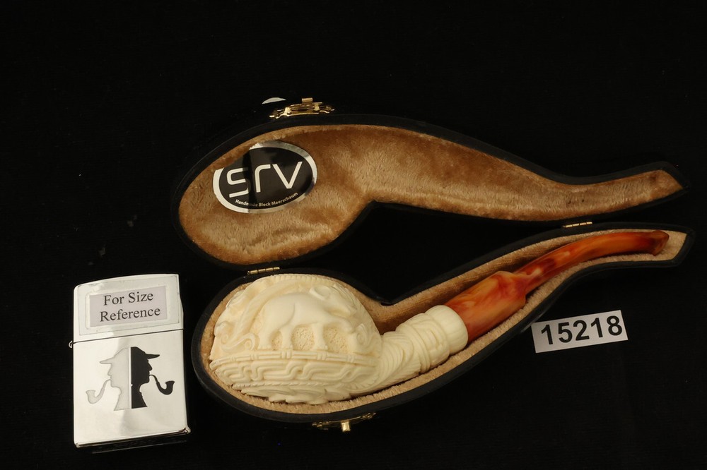 srv - Tri Elephants Block Meerschaum Pipe with custom case 15218