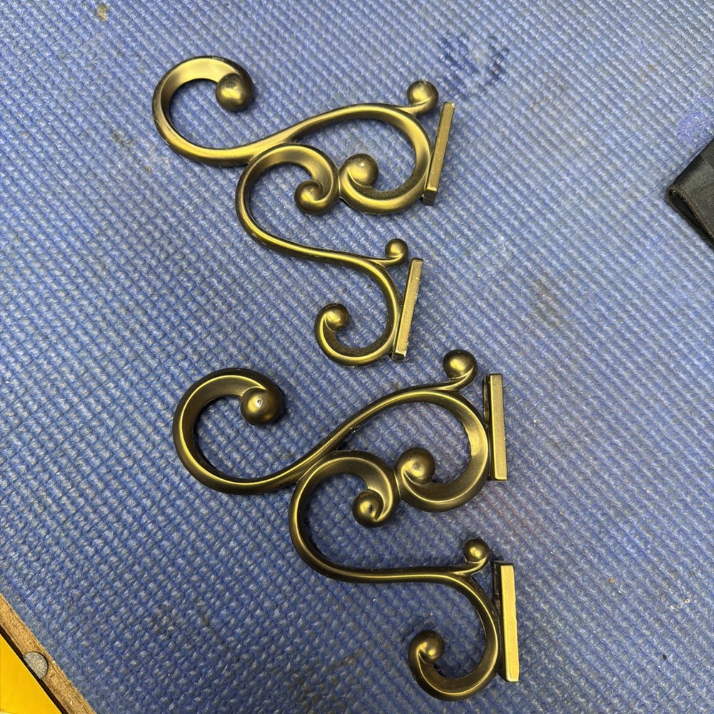 CB2- Two Brass Ornate Scrollwork Hooks Brackets Wall Mount Victorian Home