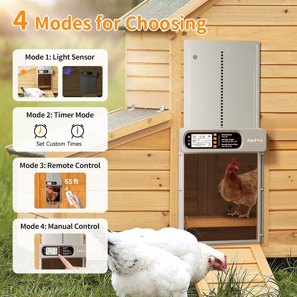Automatic Chicken Coop Door Solar Powered with Timer, Light Sensor, Remote Contr