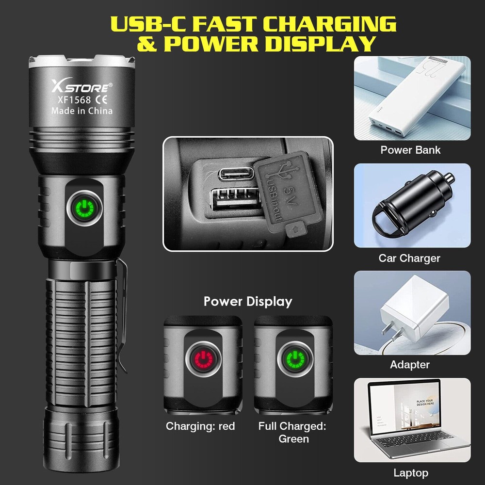 50000000 Lumen Super Bright LED Tactical Flashlight Rechargeable LED Work Light