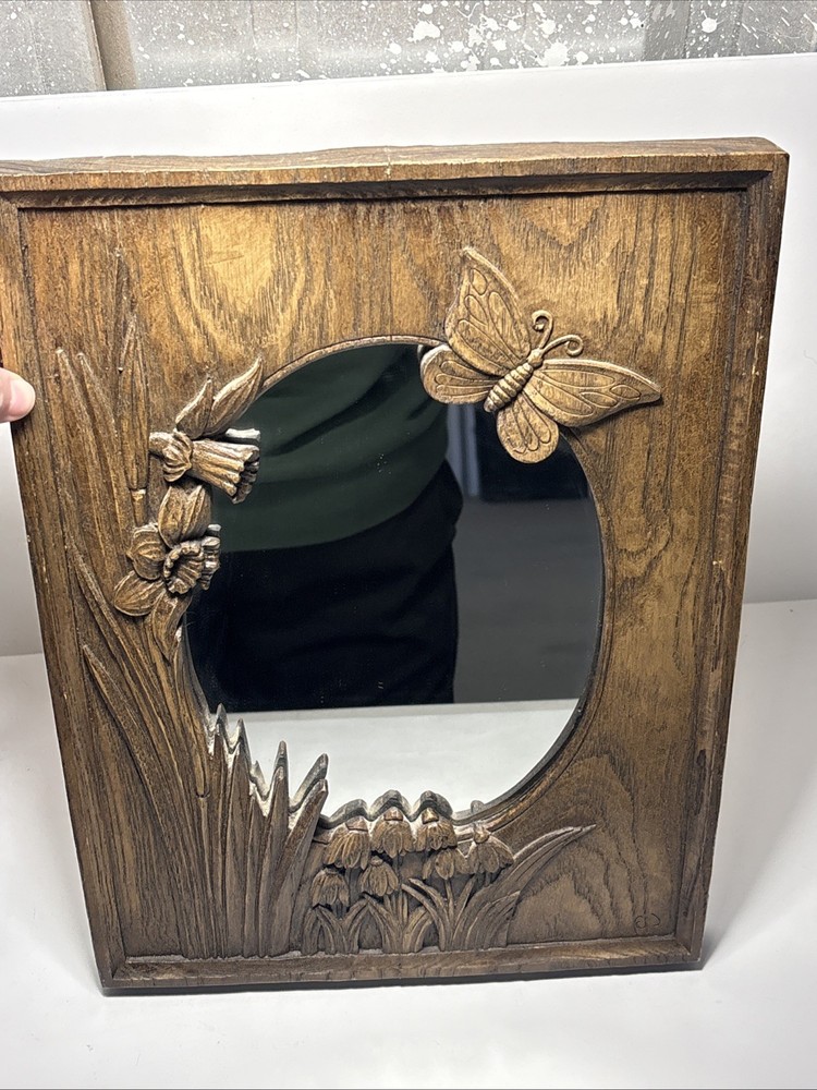 Vtg Whimsical Forest Butterfly Carved Wood Rectangular Mirror Einar Johansen