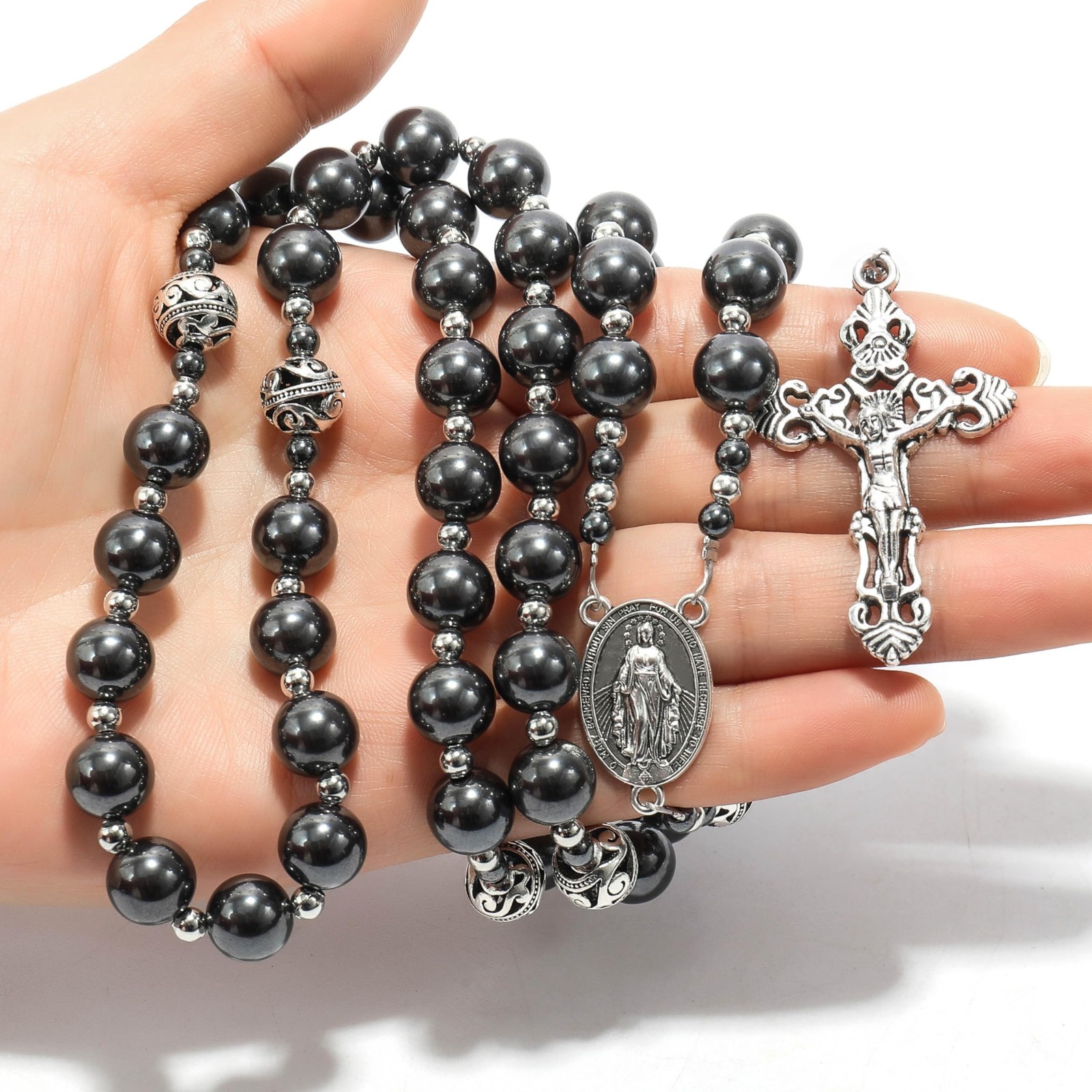 Hematite Rosary Black Stone Beads Metal Beaded Necklace Mary Miraculous Medal