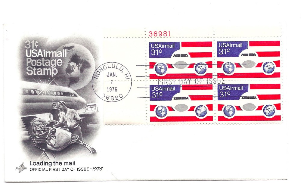 C90  31c Plane and Globe, ArtCraft plate block FDC