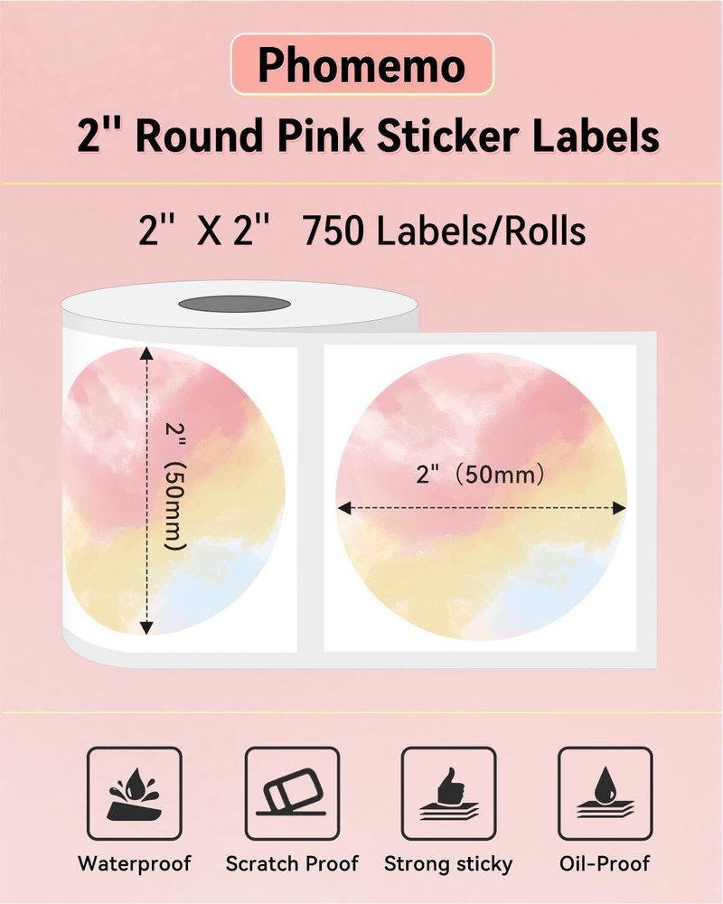 Phomemo 2" x 2" Thermal Shipping Printer Label Self-Adhesive Round Sticker