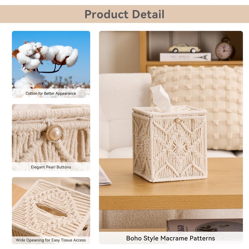 Tissue Box Cover Square Open-Bottom Tissue Box Holder Boho Decor Tissue Organ...