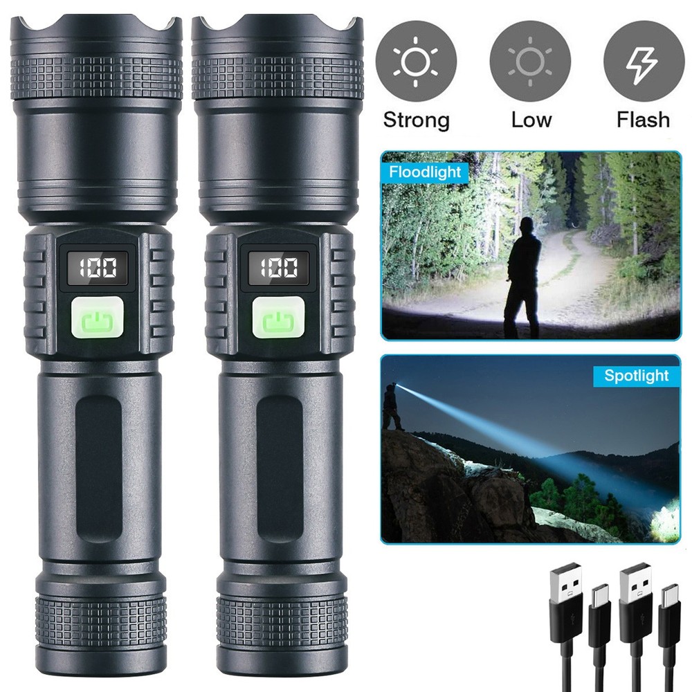 2 Pack Super Bright 9900000LM LED Tactical Flashlight Rechargeable Work Lights