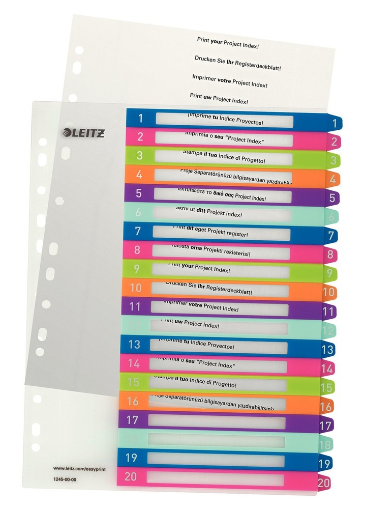 Leitz 1-20 Index, A4, PC Printable, Heavy Duty Plastic, Extra Wide, White/Multi-