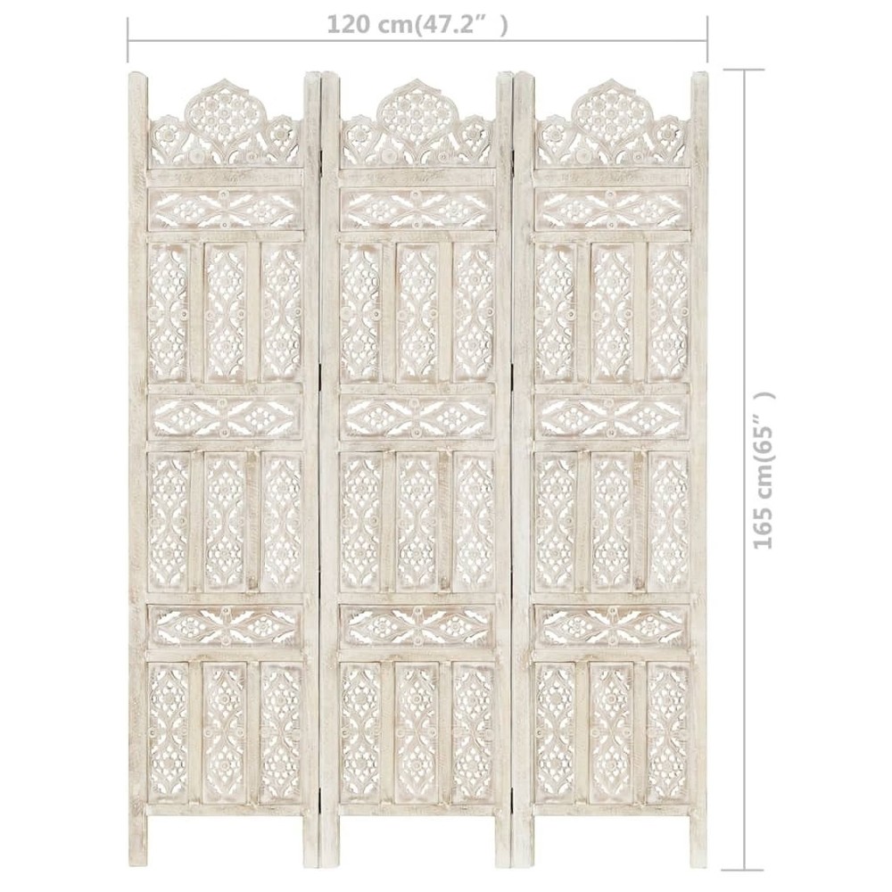 Hand carved 3-Panel Room Divider White 47.2"x65" Solid Mango Wood