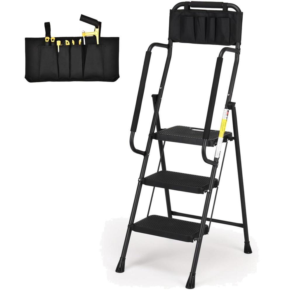 Versatile 3-Step Folding Ladder with Tool Bag - Maximum Safety & Stability